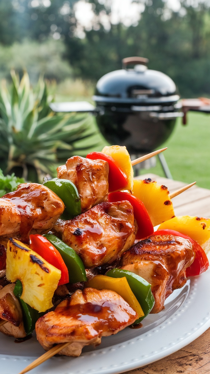 Grilled chicken teriyaki skewers with bell peppers and pineapple on a plate, garnished with sesame seeds and green onions.