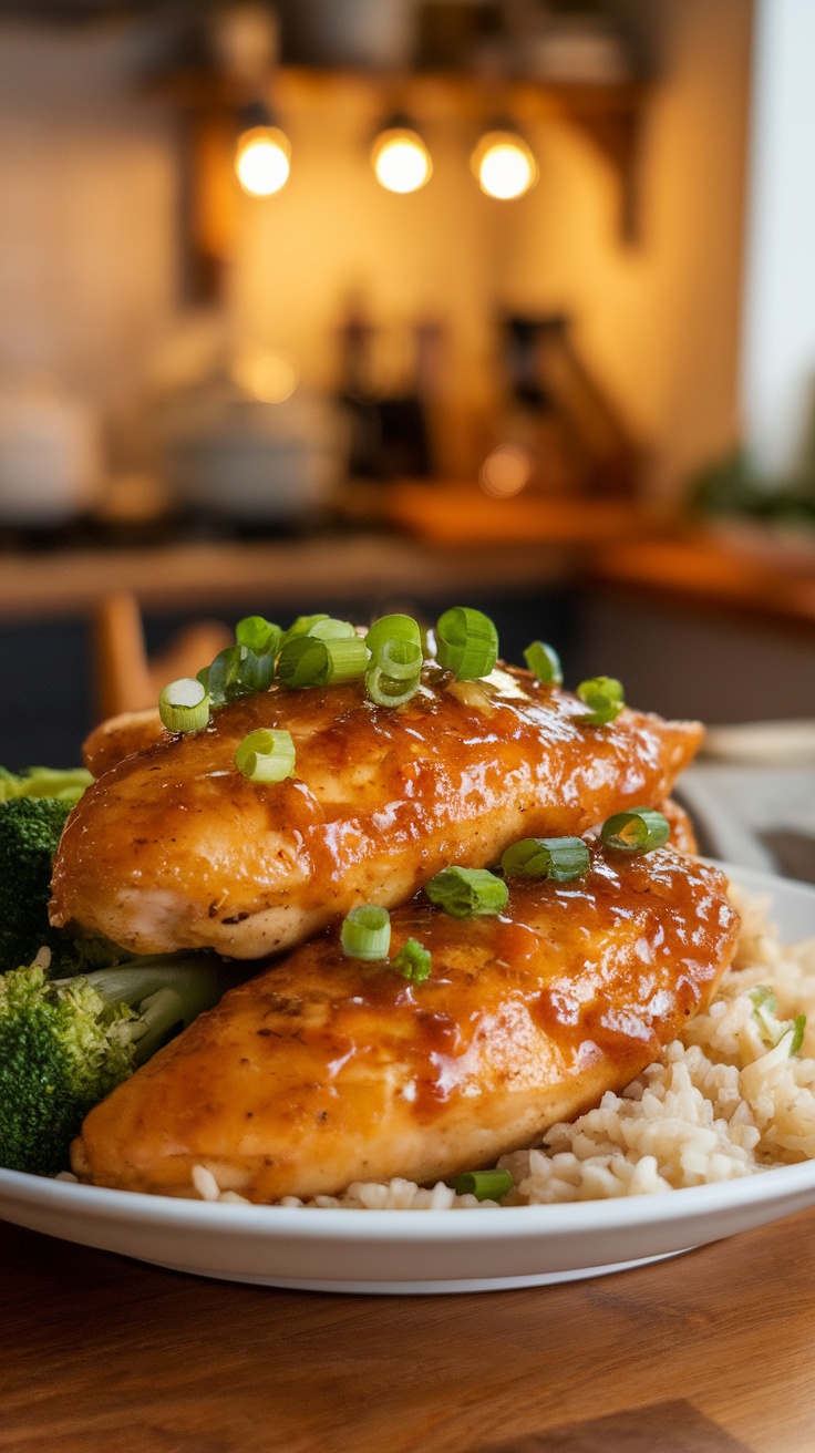 Sweet and Savory Honey Garlic Chicken Recipe Honey Garlic Chicken served with broccoli and rice, garnished with green onions.