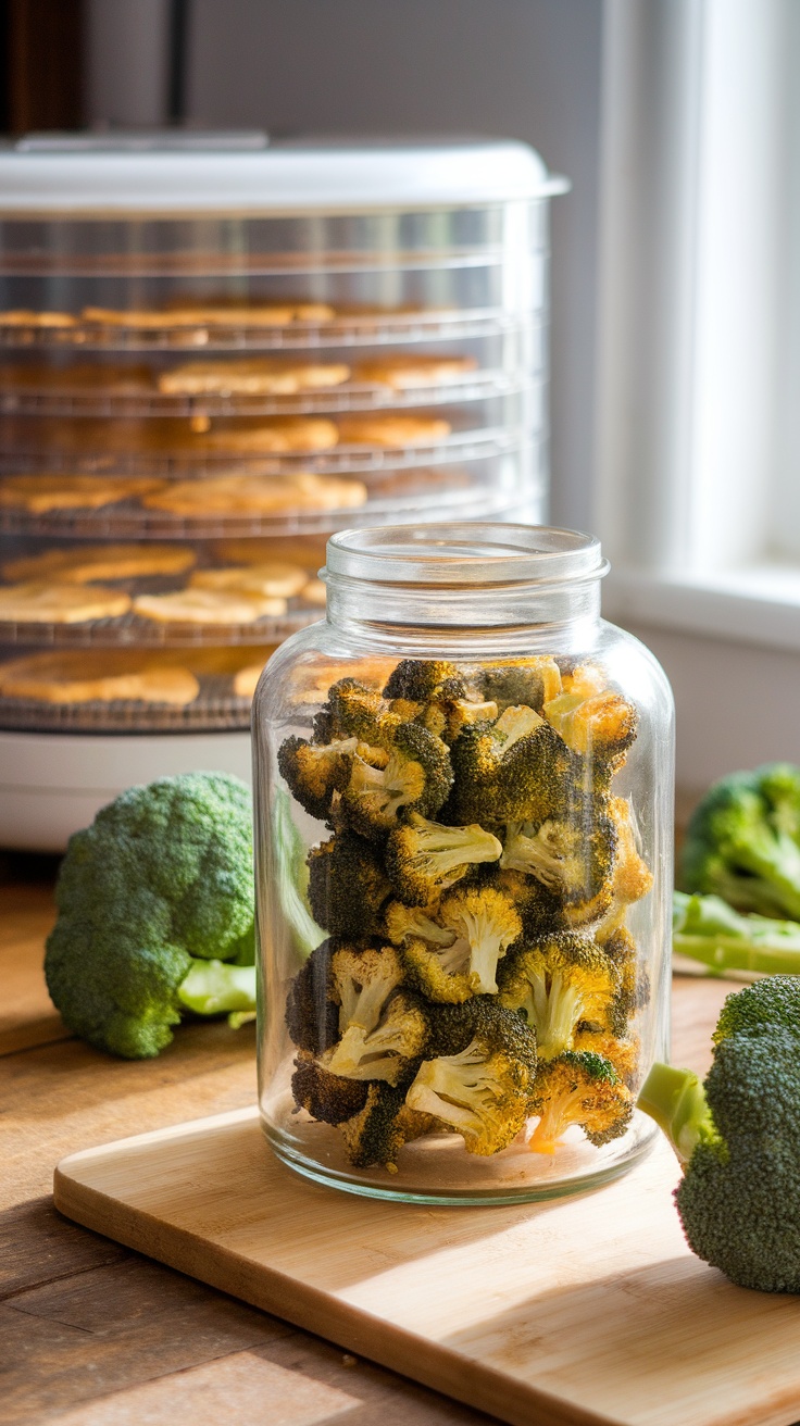 A jar of dehydrated broccoli florets on a wooden table with fresh broccoli and a dehydrator in the background.