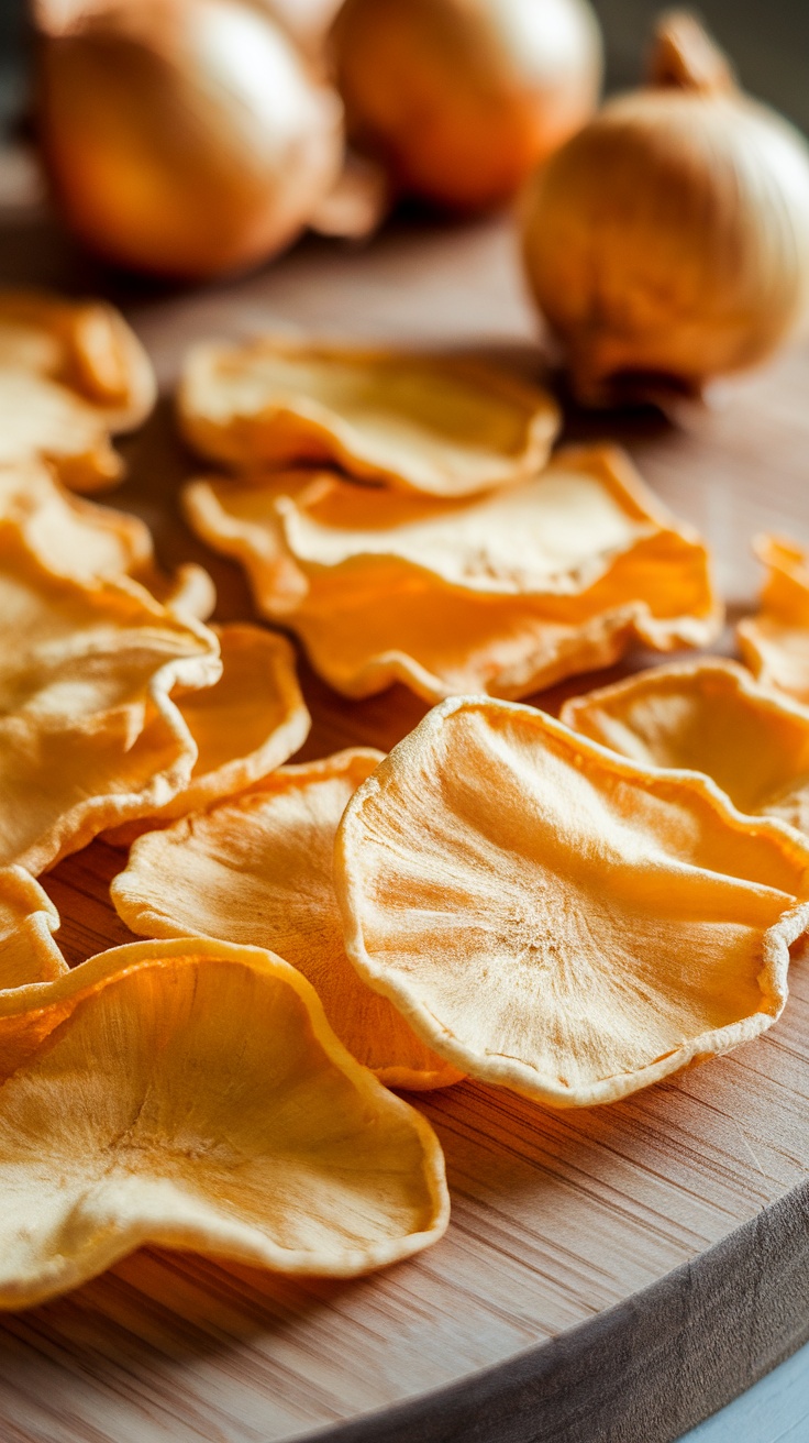 Golden dehydrated onion slices on a wooden board with whole onions in the background.