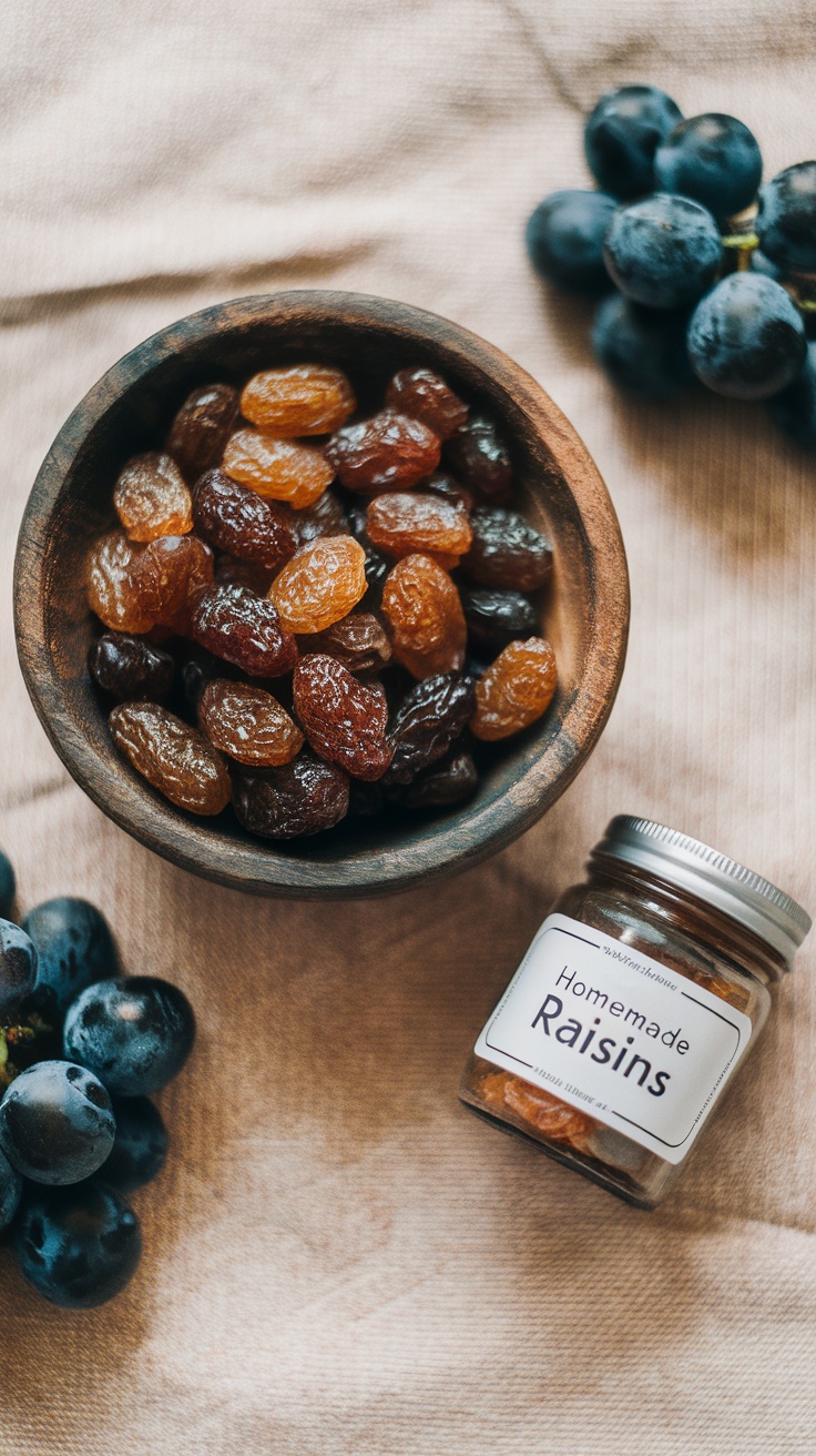 A rustic bowl of homemade raisins with fresh grapes on a textured tablecloth.