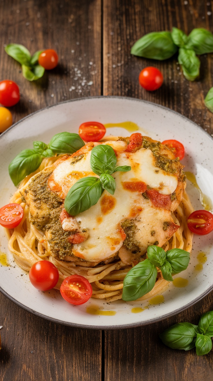 Basil Pesto Chicken with Cherry Tomatoes and Mozzarella Basil pesto chicken with cherry tomatoes and mozzarella on a wooden table, garnished with basil.