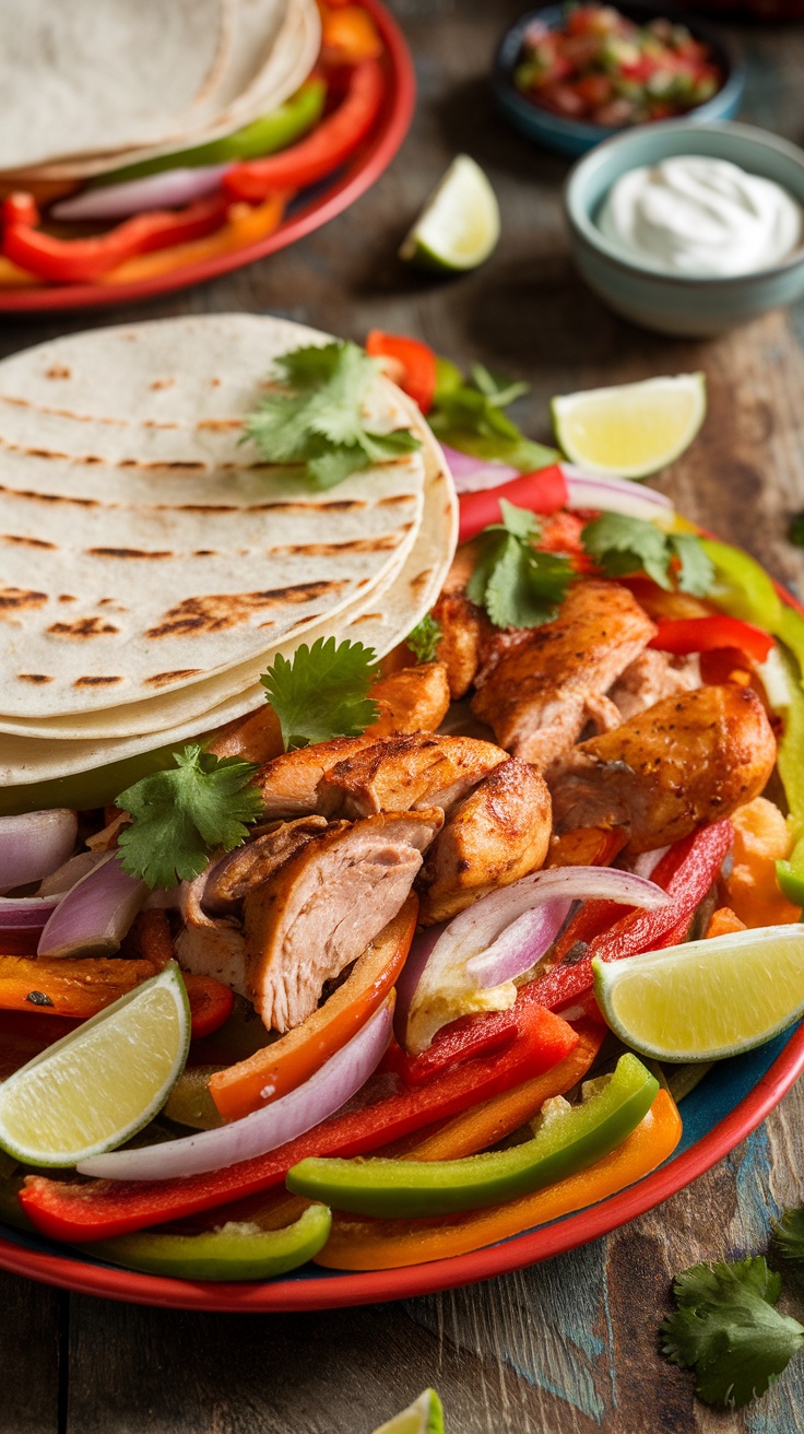 Zesty Chicken Fajitas with Bell Peppers and Onions Recipe A vibrant platter of chicken fajitas with bell peppers and onions, served with warm tortillas and garnished with lime wedges.