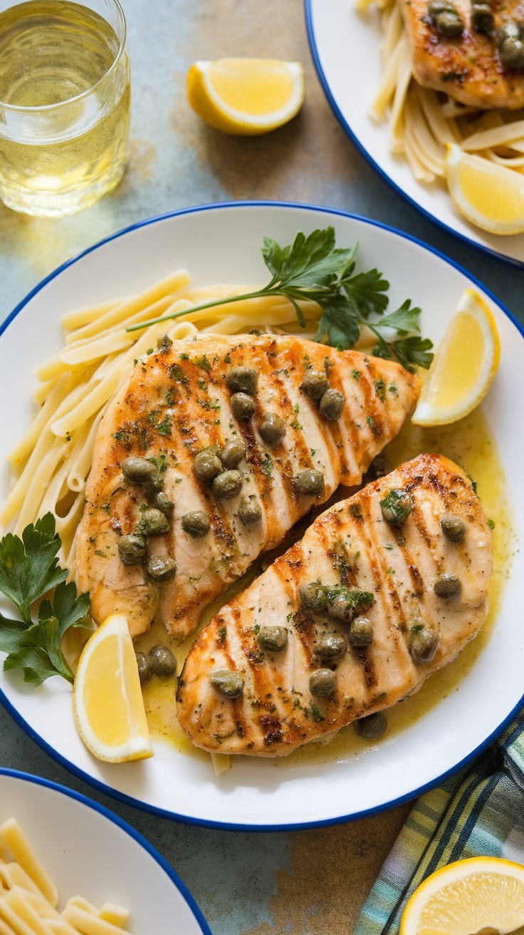 A plate of Chicken Piccata garnished with parsley and lemon, served with pasta.
