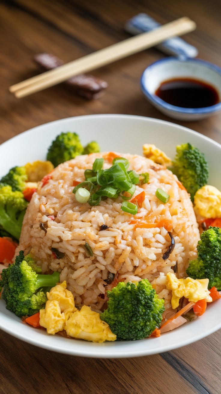 Quick and Nutritious Egg Fried Rice with Broccoli Recipe A colorful bowl of egg fried rice with broccoli, mixed vegetables, and garnished with green onions, presented on a rustic table.