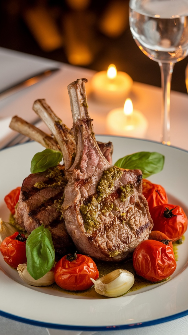 Pesto Grilled Lamb Chops with Roasted Cherry Tomatoes and Garlic Pesto grilled lamb chops with roasted cherry tomatoes and garlic, garnished with basil, on a romantic dining table.