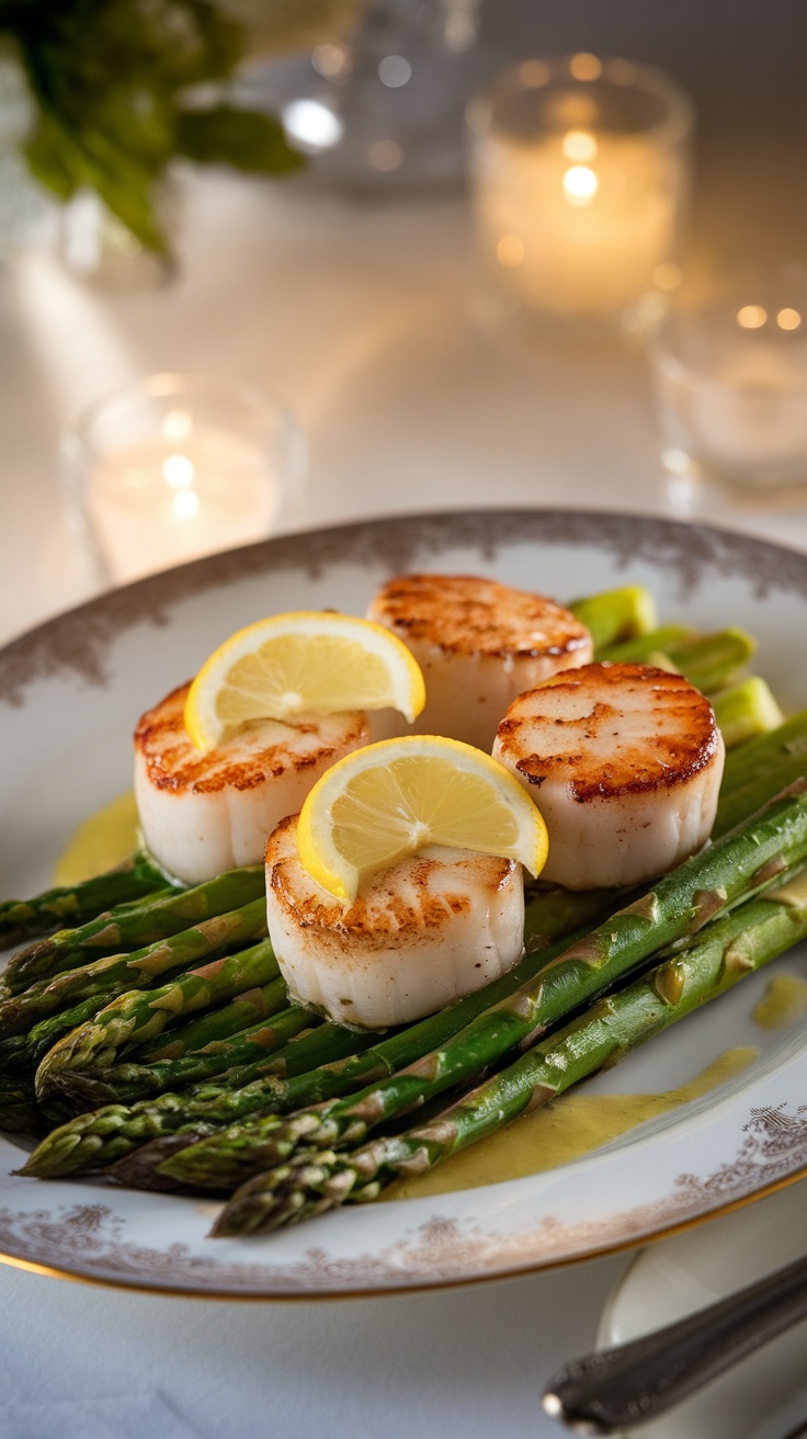 Romantic Seared Scallops with Lemon Butter Sauce and Roasted Asparagus for Valentine Seared scallops with lemon butter sauce and roasted asparagus on an elegant plate, set for a romantic dinner.