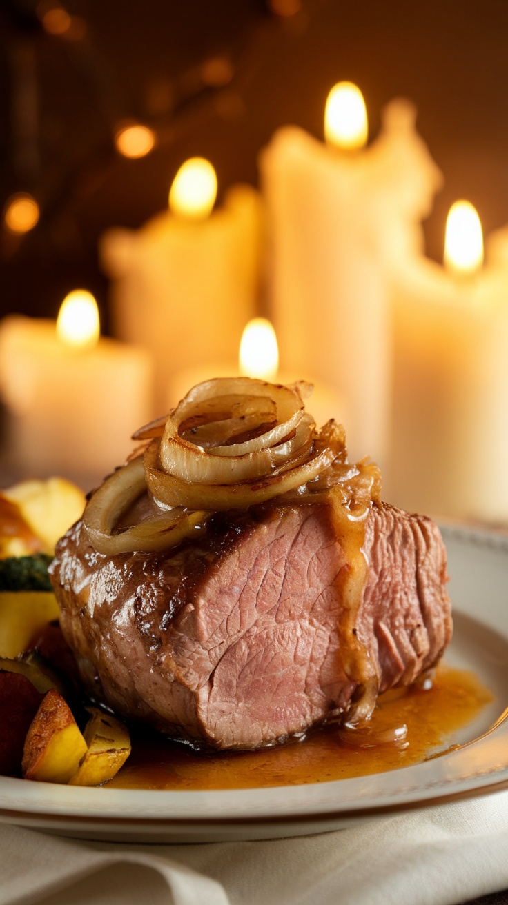 Plated pork tenderloin with caramelized onions and apple cider reduction, served with roasted vegetables in a romantic setting.