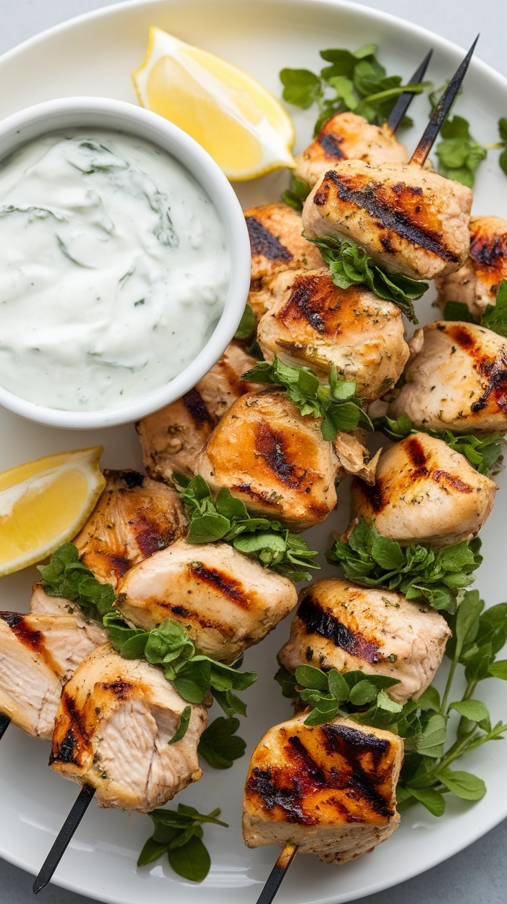 Grilled chicken skewers served with tzatziki sauce and lemon wedges on a plate.