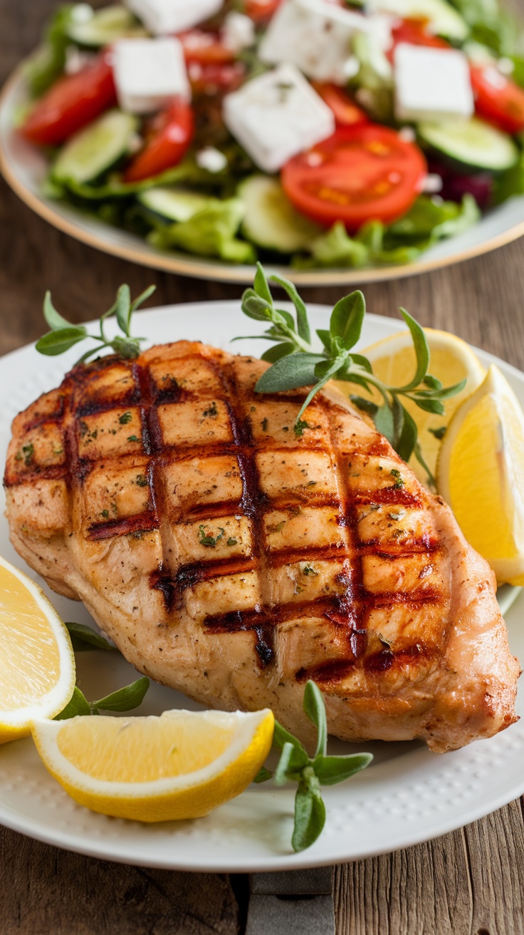 Mediterranean Grilled Greek Chicken Recipe Grilled Greek chicken breast garnished with lemon and oregano beside a Greek salad.