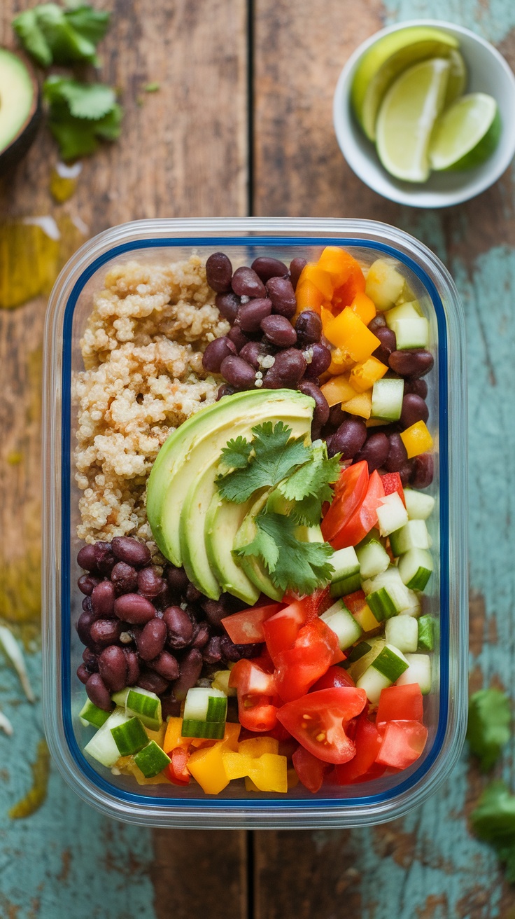 Nutritious Quinoa and Black Bean Bowl A nutritious quinoa and black bean bowl with fresh vegetables and avocado on a wooden table.