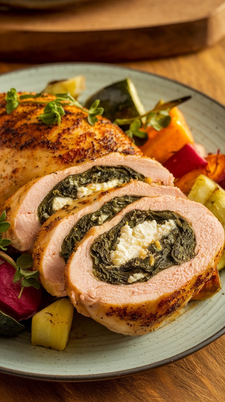 Spinach and Feta Stuffed Chicken Breasts Recipe Spinach and Feta Stuffed Chicken Breast sliced to show filling, served with roasted vegetables.