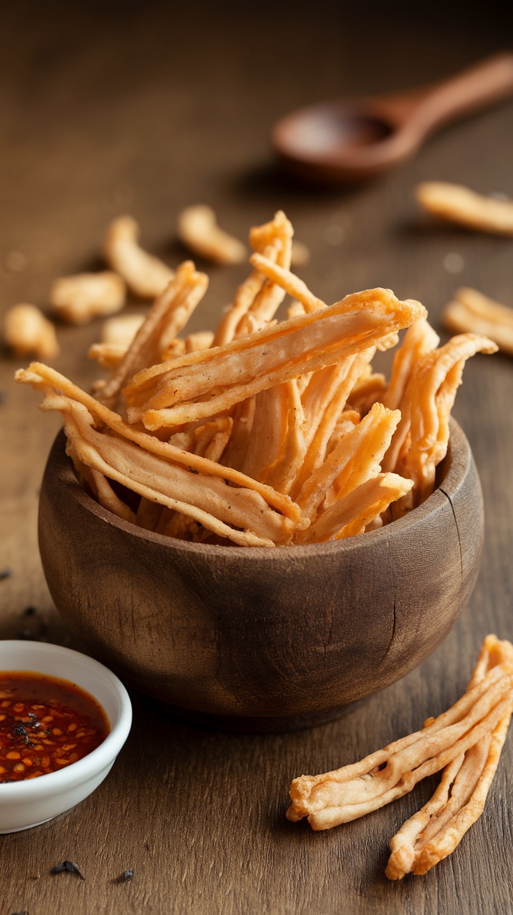 Crispy Dehydrated Chicken Snack Recipe Crispy dehydrated chicken strips in a rustic bowl on a wooden table with dipping sauce.