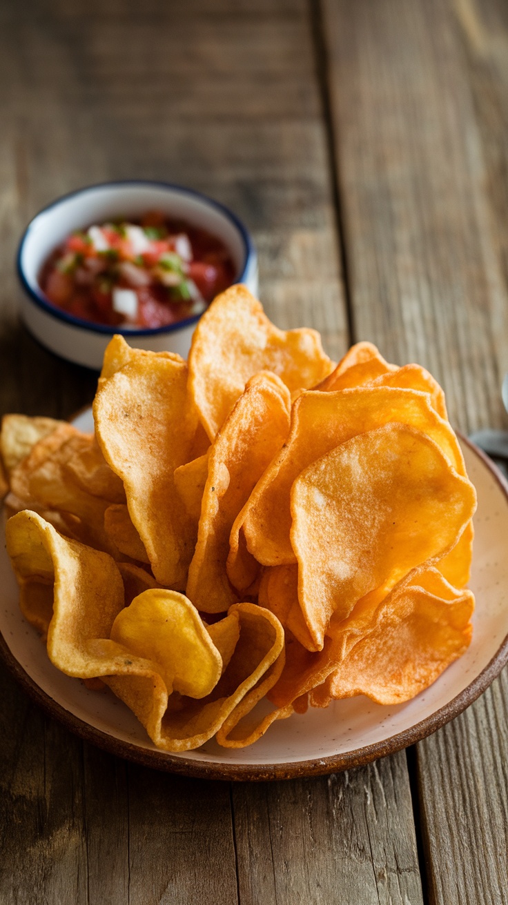 Crispy Dehydrated Potato Chips Recipe Crispy dehydrated potato chips on a plate with a bowl of salsa, set on a rustic wooden table.