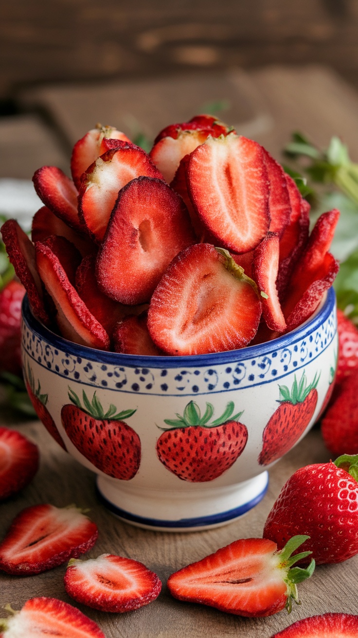 A bowl of crispy dehydrated strawberry chips with fresh strawberries on a wooden table.