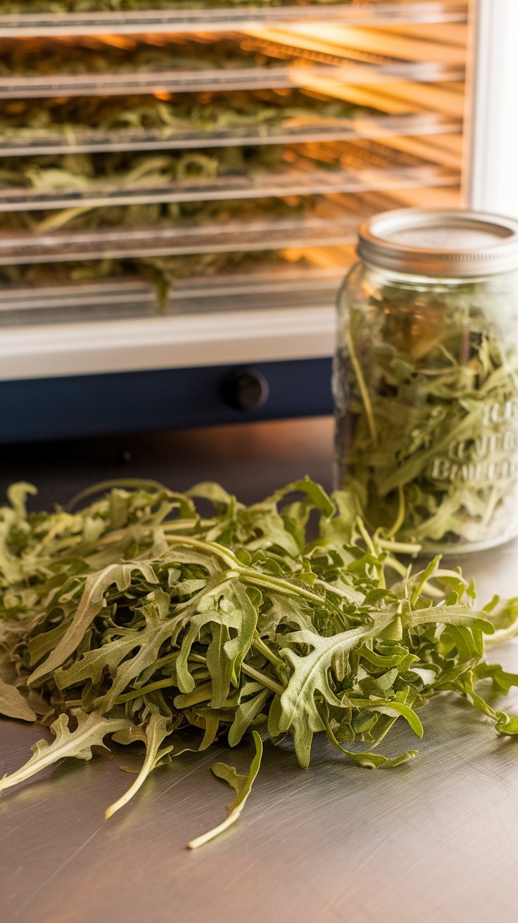 Homemade Dehydrated Arugula Recipe Dried arugula leaves on a surface, with a dehydrator and jar in the background.