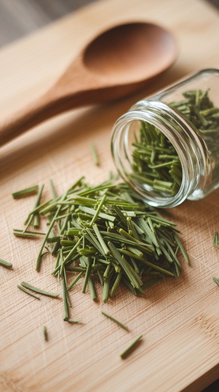 A rustic display of dehydrated chives in a glass jar and scattered on a wooden board.