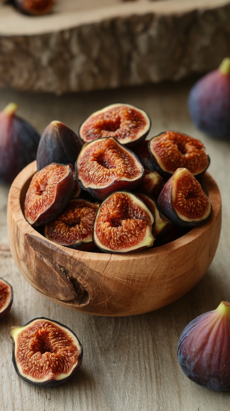 Sweet and Chewy Dehydrated Figs Recipe A rustic bowl filled with dehydrated figs on a wooden table.