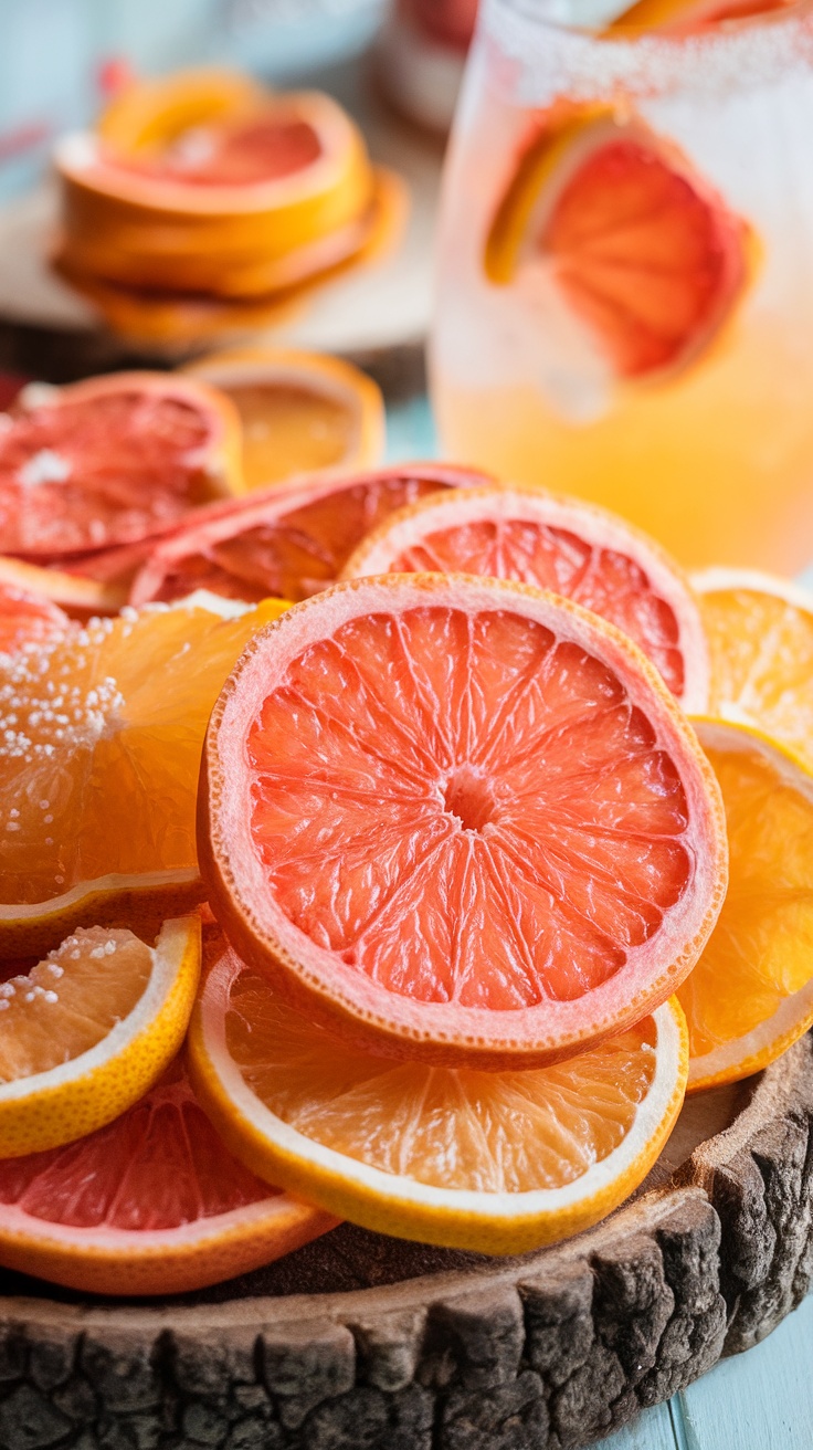 A rustic platter filled with crispy dehydrated grapefruit slices, showcasing their vibrant colors.