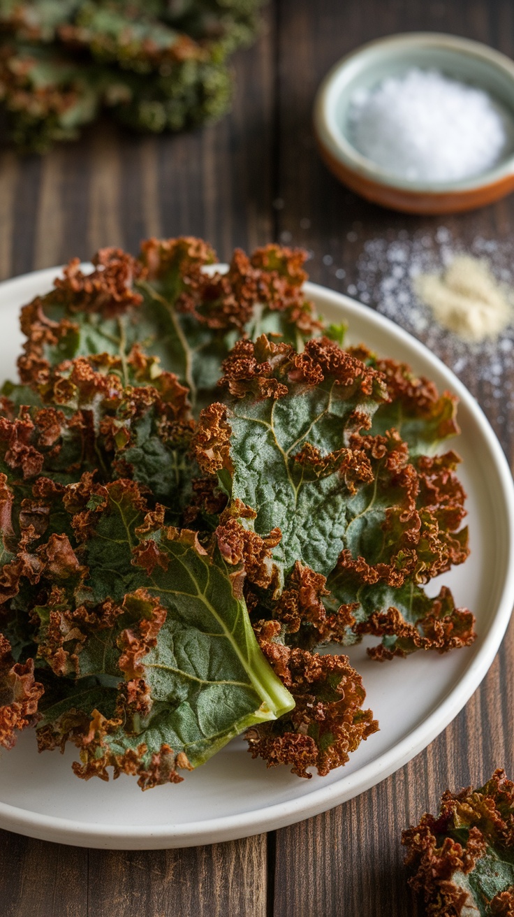 Crispy Dehydrated Kale Chips Recipe A plate of crispy kale chips with a sprinkle of salt and garlic powder, on a rustic wooden table.