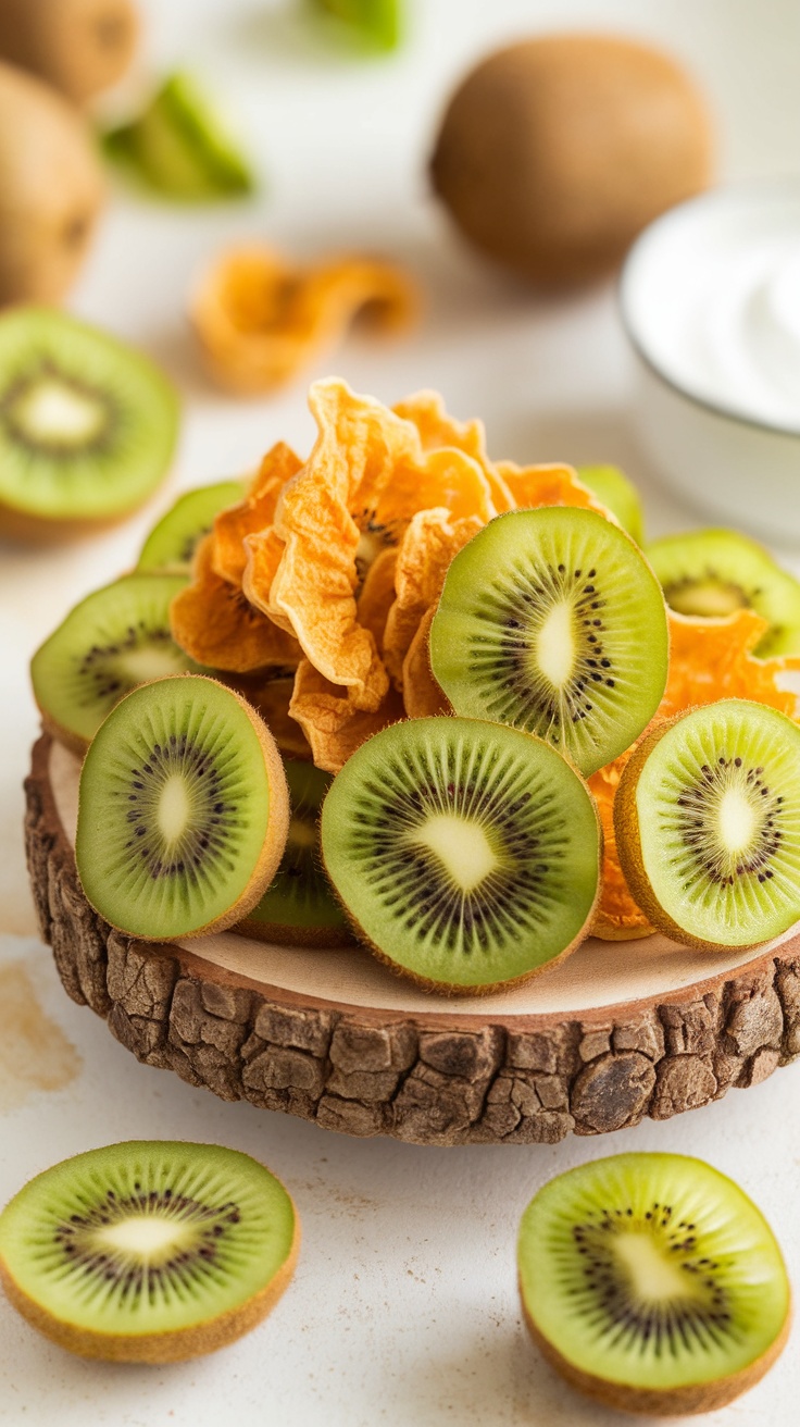 Crunchy Dehydrated Kiwi Slices Recipe Dehydrated kiwi slices on a wooden platter, with fresh kiwis in the background.