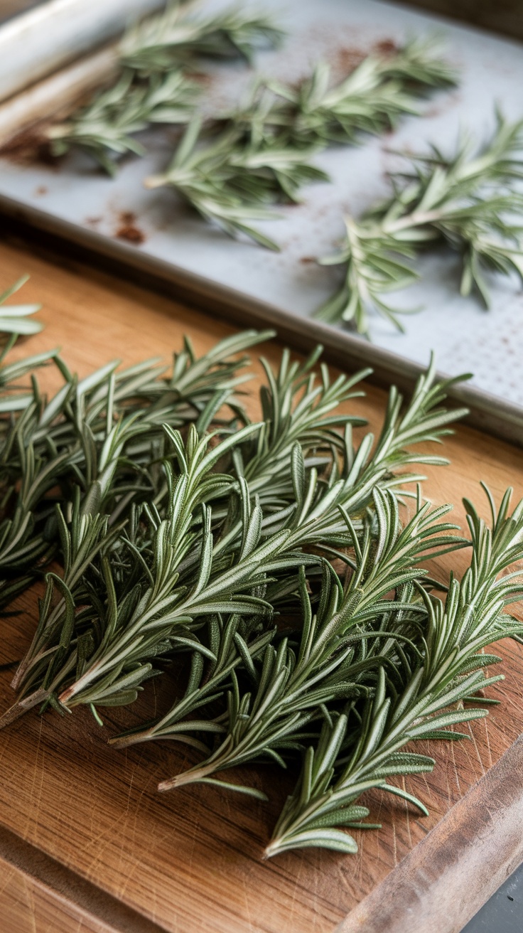 Homemade Dehydrated Rosemary Recipe Fresh rosemary sprigs on a cutting board and a baking sheet, ready for dehydration.
