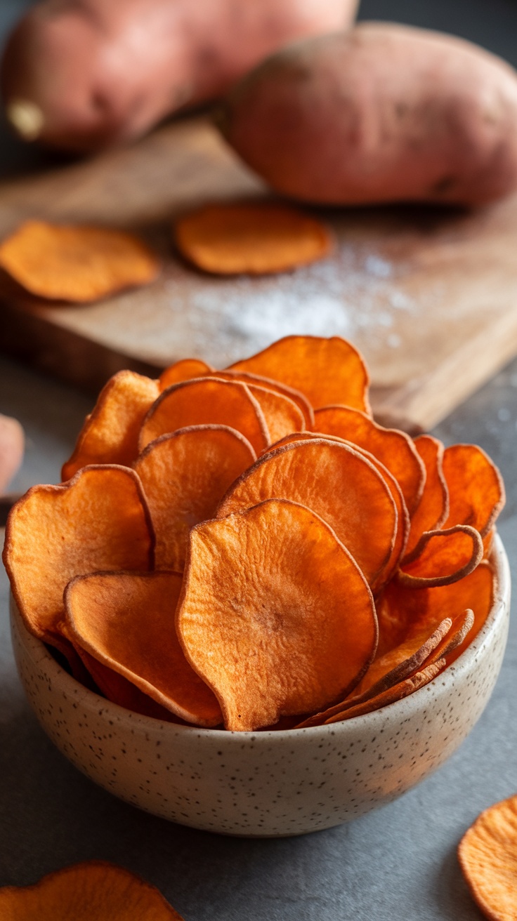 Crispy Dehydrated Sweet Potato Chips Recipe A bowl of crispy dehydrated sweet potato chips on a wooden table with fresh sweet potatoes.