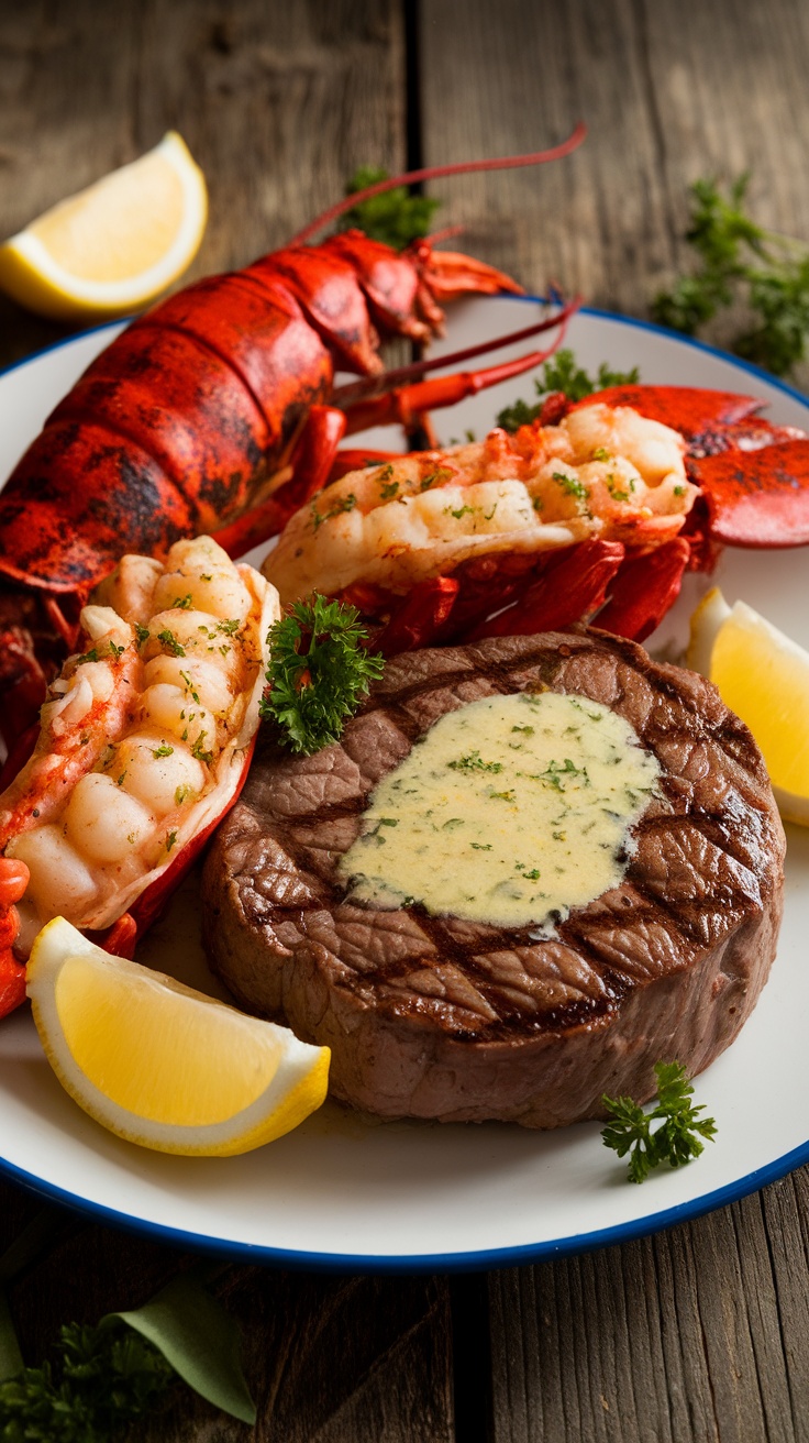 Grilled Lobster Tails and Filet Mignon with Garlic Butter Sauce Grilled lobster tails and filet mignon with garlic butter sauce on a rustic table.