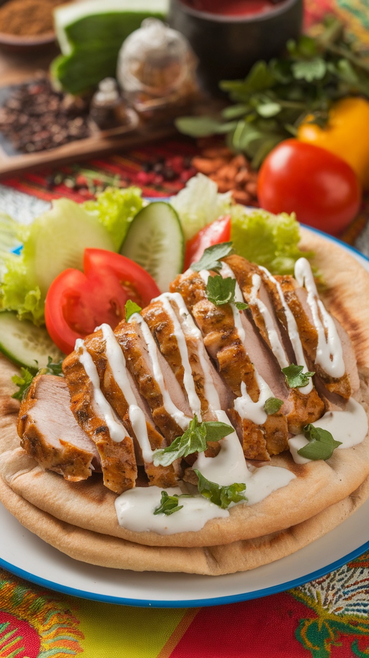 Savory Chicken Shawarma with Yogurt Sauce A delicious Chicken Shawarma served on pita with vegetables and yogurt sauce.