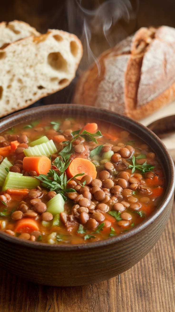 Hearty Lentil and Veggie Soup Recipe A bowl of hearty lentil and veggie soup with vibrant vegetables, served with a slice of crusty bread on a rustic table.