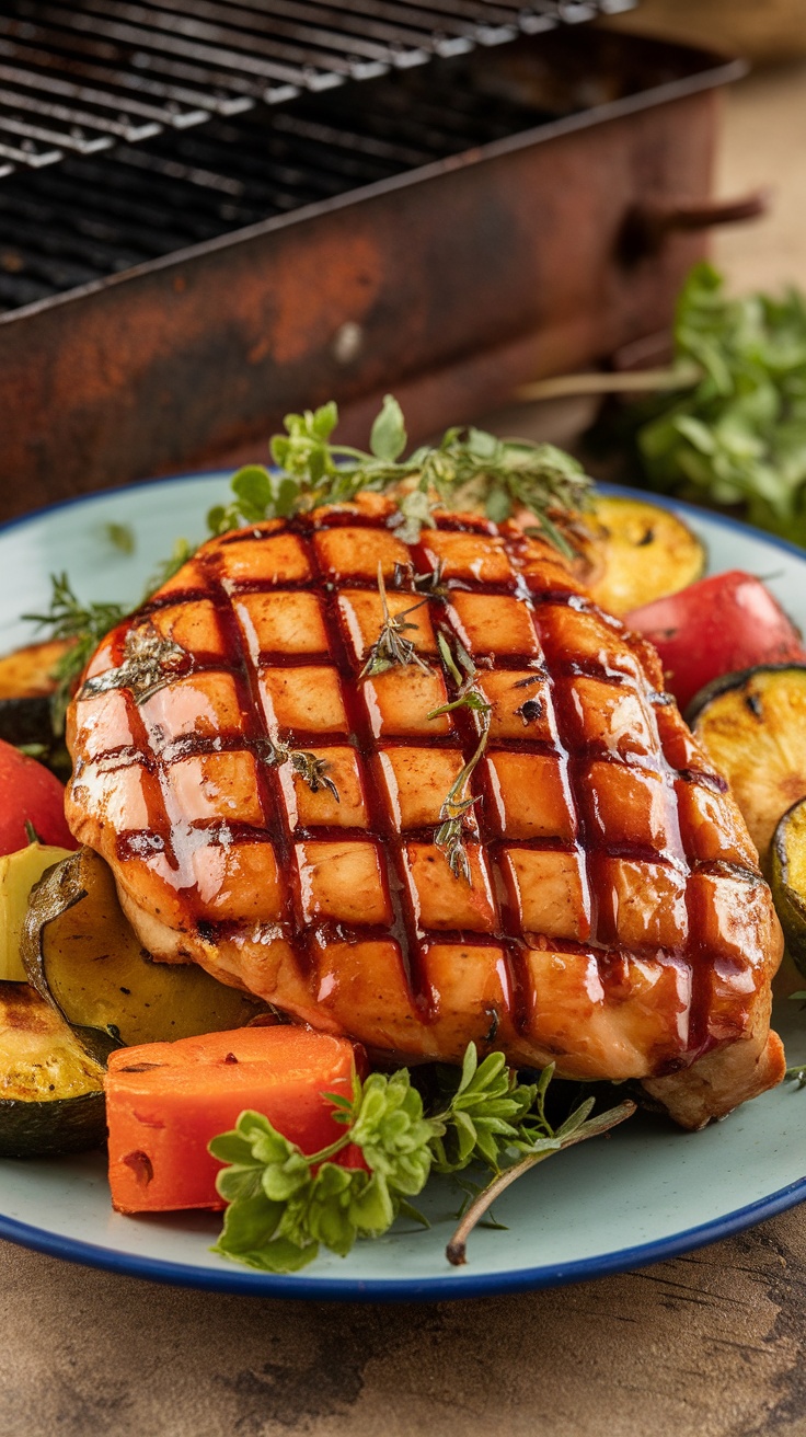 Grilled BBQ chicken breast with sauce, served with roasted vegetables, on a rustic plate.
