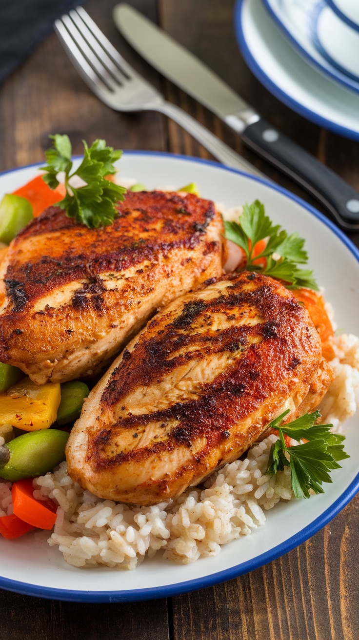 Spicy Cajun Chicken Breasts Recipe Spicy Cajun chicken breasts with rice and vegetables on a rustic wooden table.