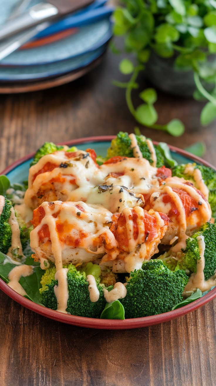 Quick Keto Cheesy Garlic Chicken with Broccoli and Spinach Cheesy garlic chicken with broccoli and spinach served on a plate, topped with melted cheese.