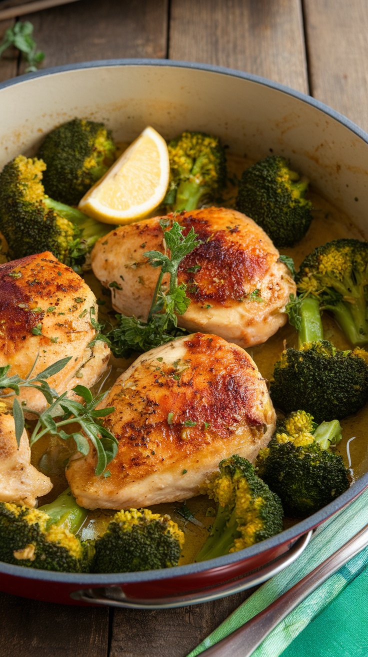 One-Pan Keto Chicken and Broccoli Recipe One-pan keto chicken and broccoli with garlic and lemon, garnished with herbs.