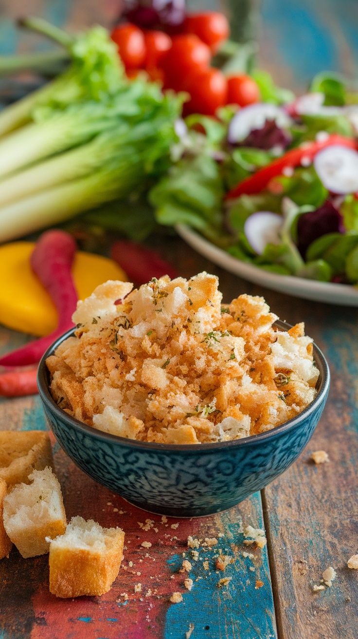 A bowl of golden homemade bread crumbs and croutons on a rustic table with fresh vegetables.