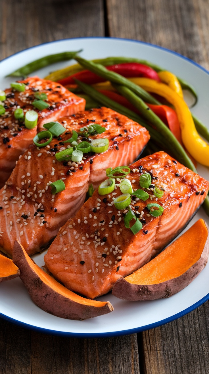 Oven-Baked Teriyaki Salmon with Colorful Vegetables Oven-baked teriyaki salmon with bell peppers, green beans, and sweet potato wedges, garnished with sesame seeds and green onions.