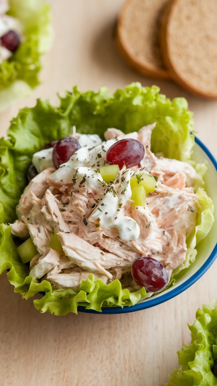 Greek Yogurt Chicken Salad in lettuce wraps with shredded chicken, celery, and grapes on a wooden table.