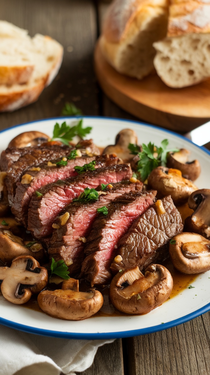 One-Pan Garlic Butter Steak and Mushrooms A delicious serving of garlic butter steak with mushrooms, garnished with parsley, on a wooden table.