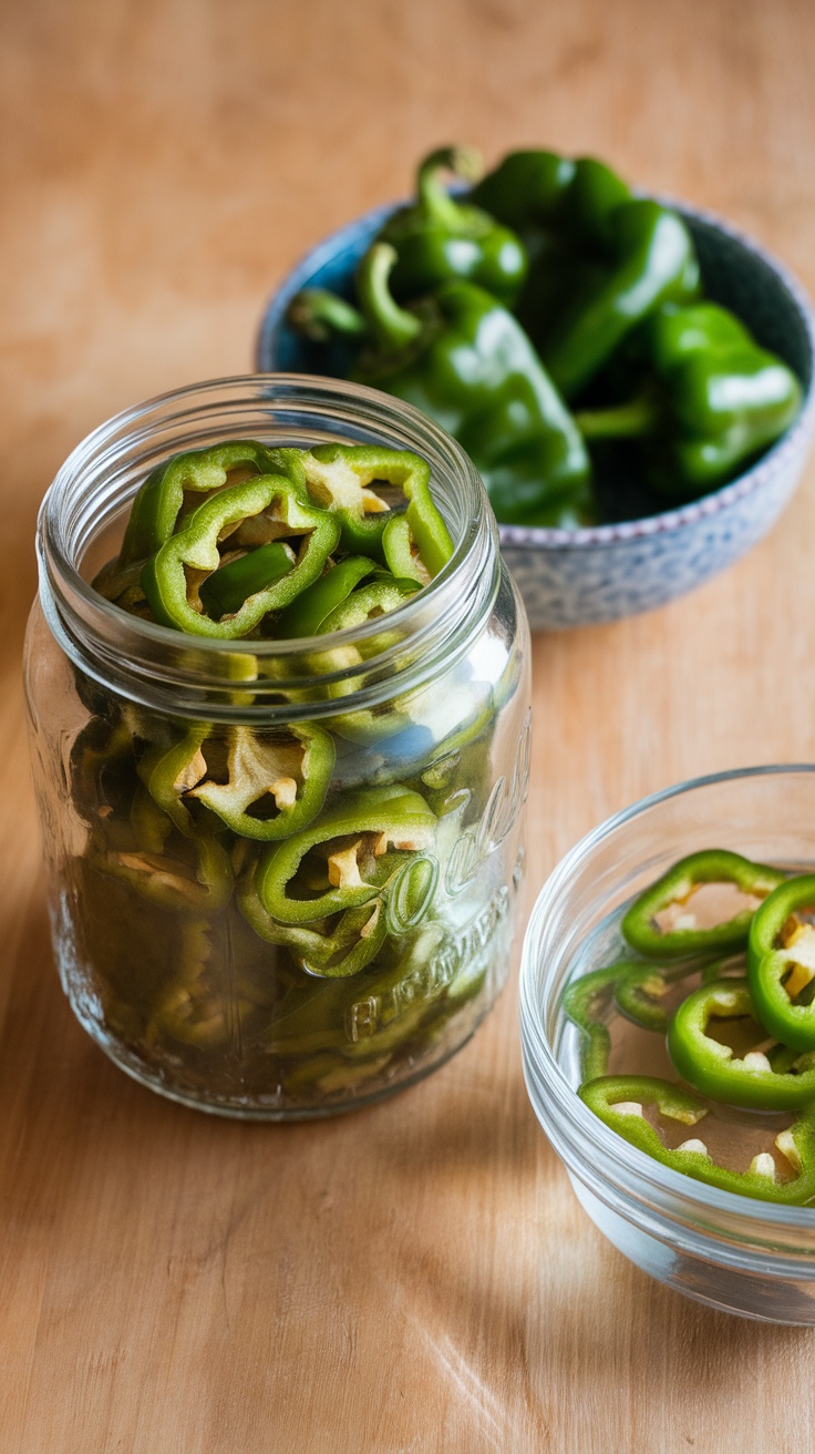 How to Make Dehydrated Green Peppers Dehydrated green pepper slices in a jar with fresh peppers and rehydrated peppers on a wooden table.