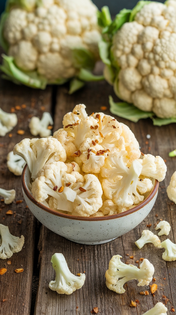 How to Make Dehydrated Cauliflower Florets A bowl of crispy dehydrated cauliflower florets on a wooden table, with fresh cauliflower heads in the background.