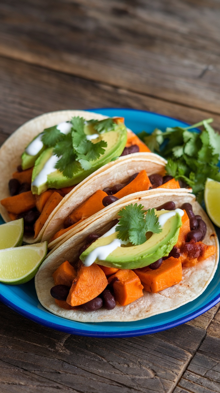 Delicious Sweet Potato and Black Bean Tacos Recipe Colorful sweet potato and black bean tacos with avocado and lime crema on a wooden table.