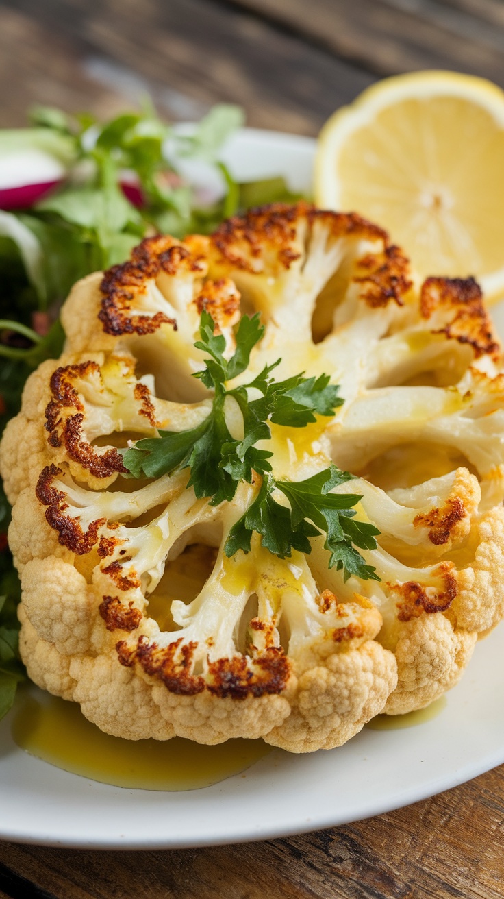 Crispy Air Fryer Cauliflower Steaks Recipe Crispy air fryer cauliflower steak garnished with parsley and lemon, served with salad on a rustic table.