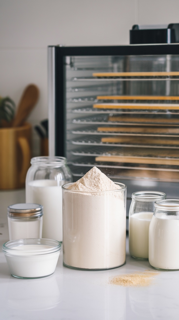 Milk powder in a jar with rehydrated milk and a dehydrator in the background.