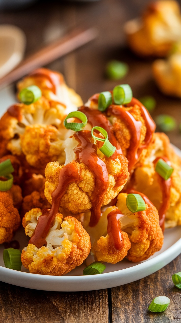 A plate of golden brown crispy cauliflower bites with honey sriracha sauce, garnished with green onions.