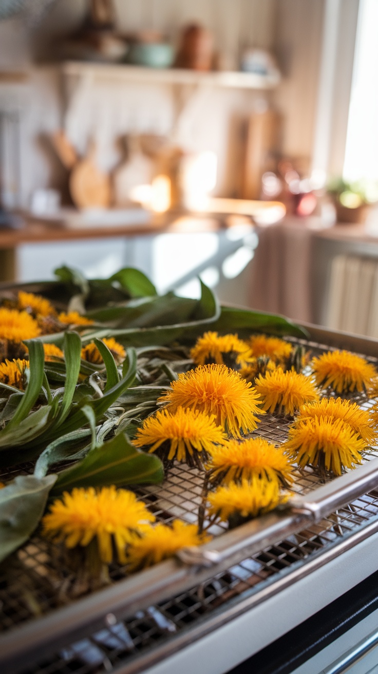 Dandelion flowers and greens drying on a dehydrator tray in a rustic kitchen.