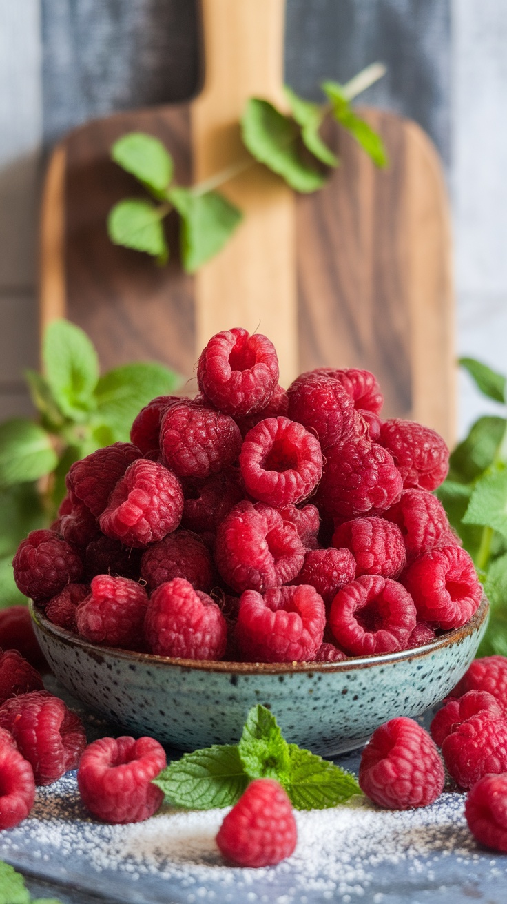 Homemade Dehydrated Raspberries Recipe A bowl of dehydrated raspberries with fresh raspberries and mint leaves on a wooden table.