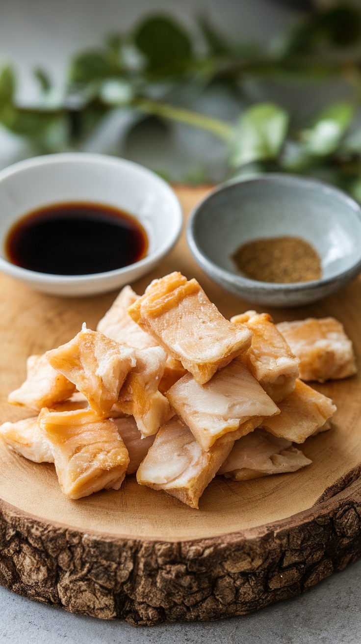 Homemade Dehydrated Fish Recipe A plate of golden-brown dehydrated fish pieces on a wooden table with soy sauce and spices.