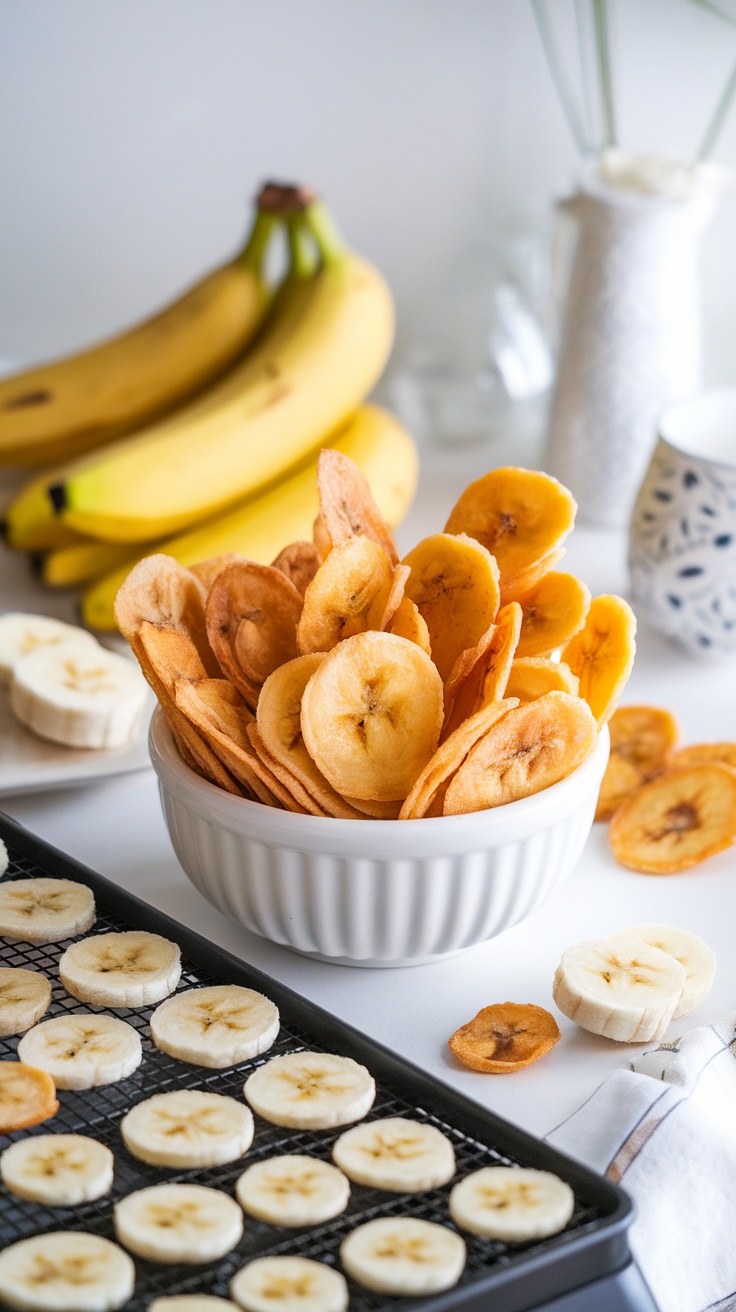 Homemade Dehydrated Banana Chips Recipe A bowl of crispy banana chips with whole bananas and a dehydrator in the background.