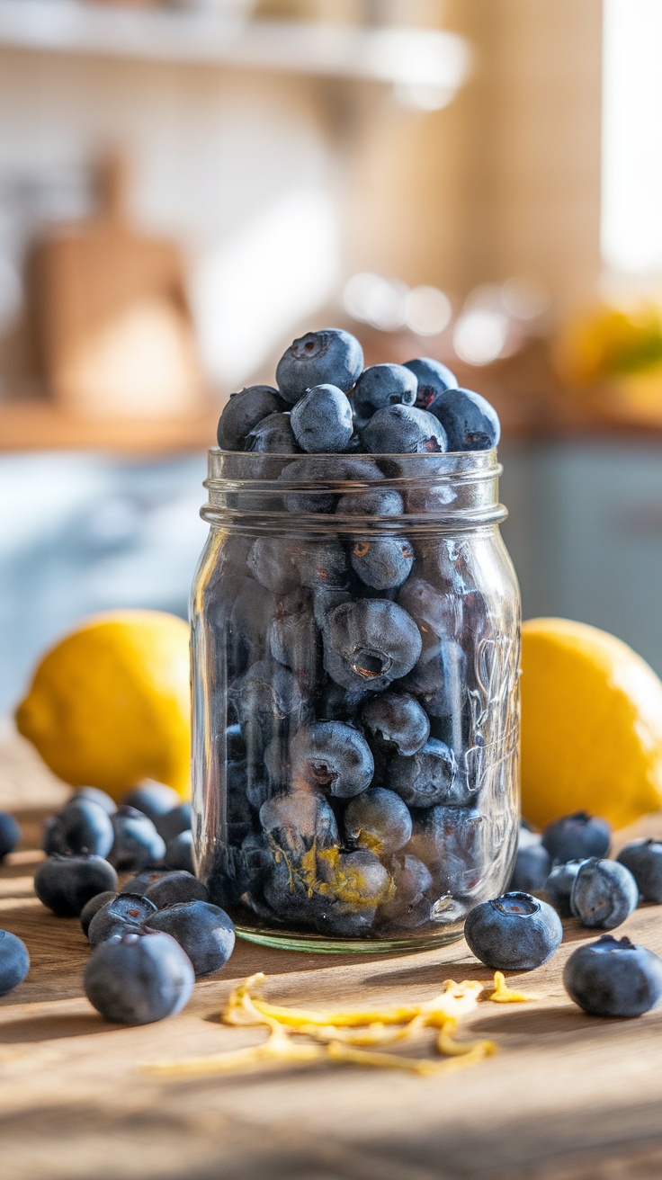 A jar of dehydrated blueberries with fresh blueberries and lemon zest on a rustic table.