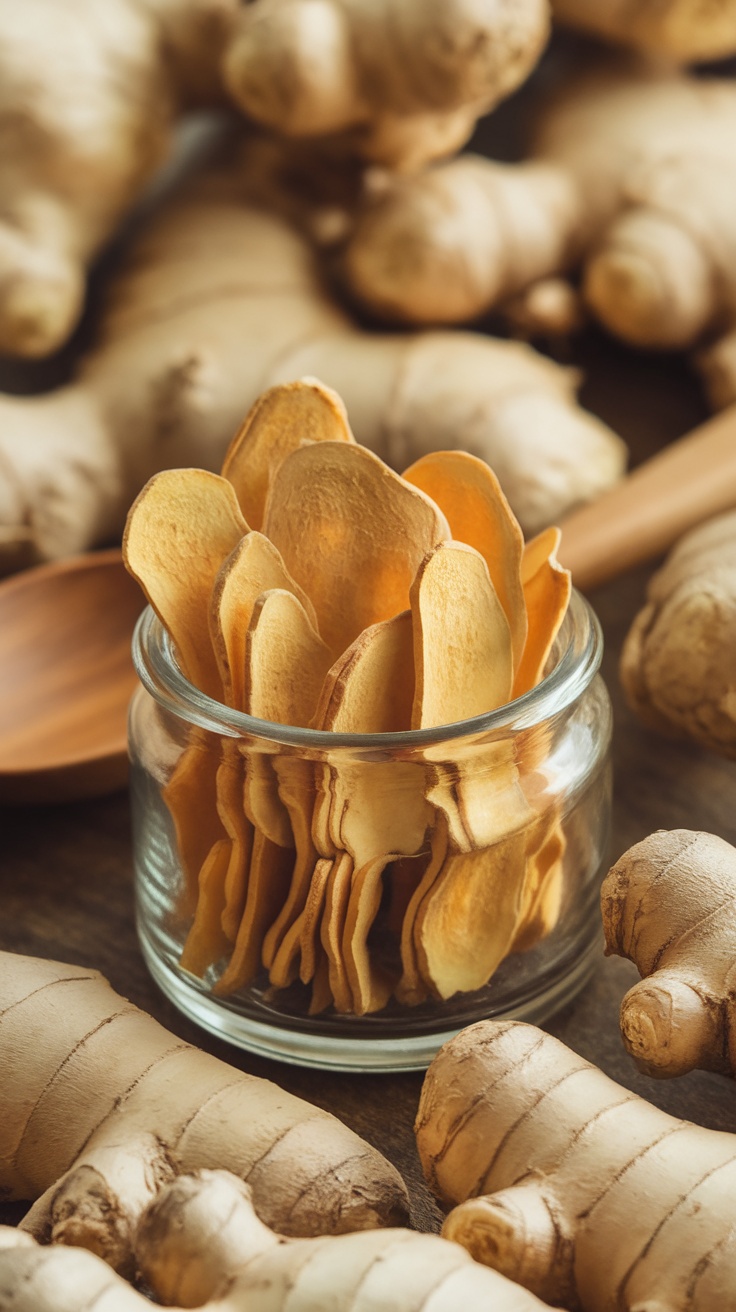 Dehydrated ginger slices in a jar with fresh ginger roots in the background.